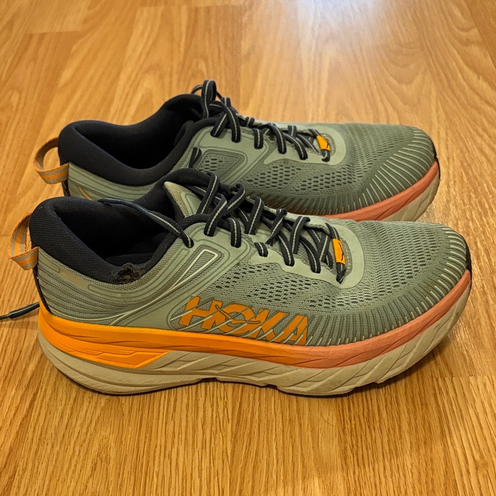 Hoka Olive and Tangerine Athletic Shoes